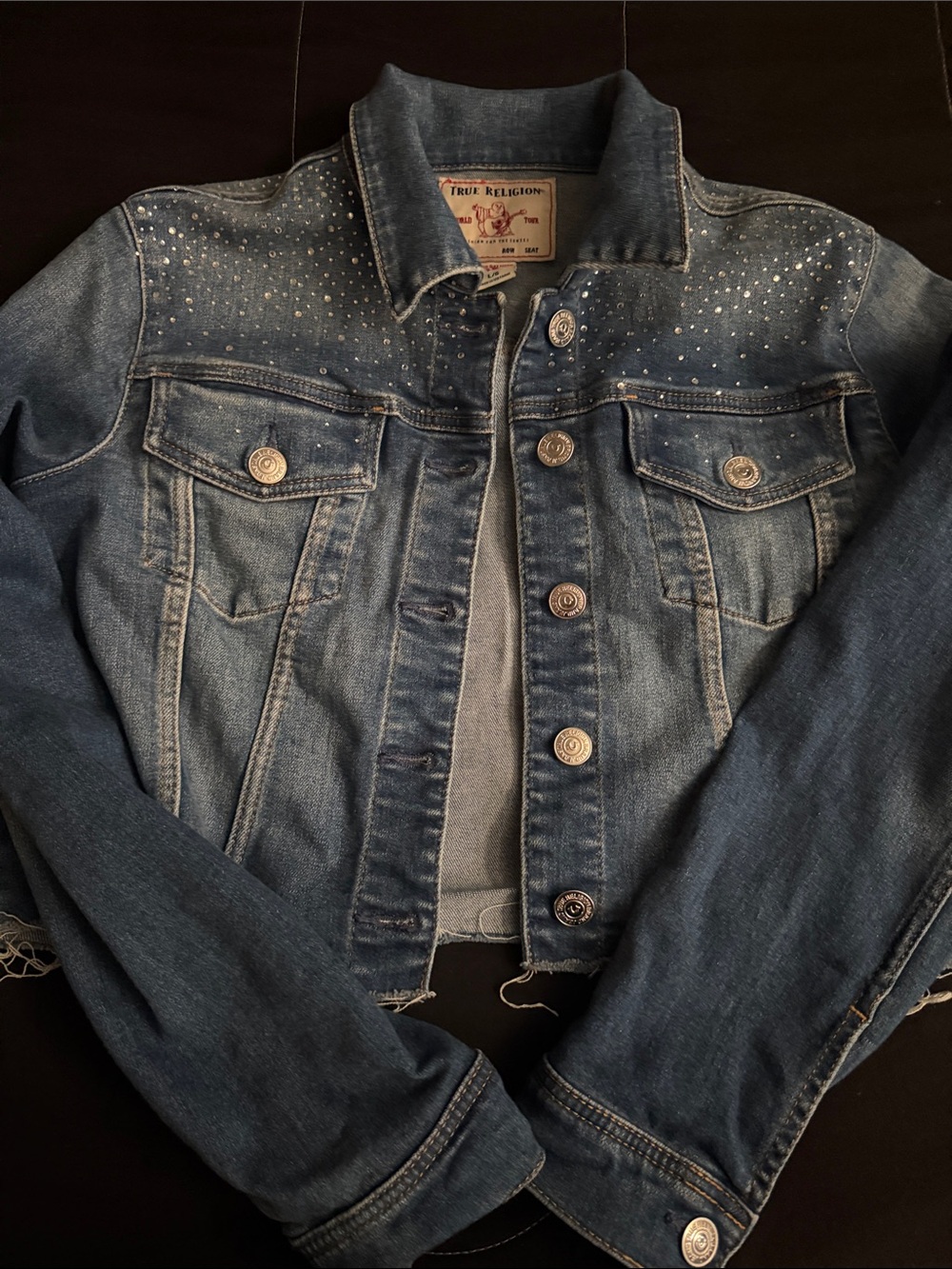 True Religion Rhinestone Embellished Faded Blue Denim Jacket